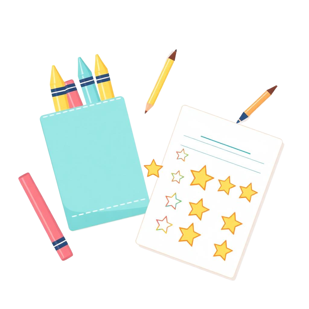 Illustration of crayons, pencils and a star activity sheet