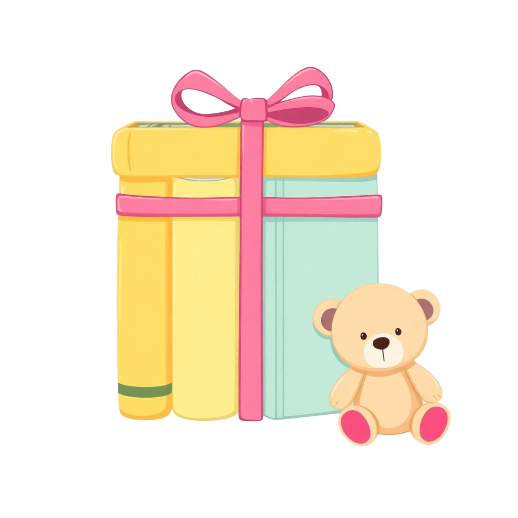 Illustration of three books tied with a pink bow beside a teddy bear