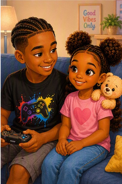 Illustration of Lily with her big brother Suri and her teddy bear Parkar at home