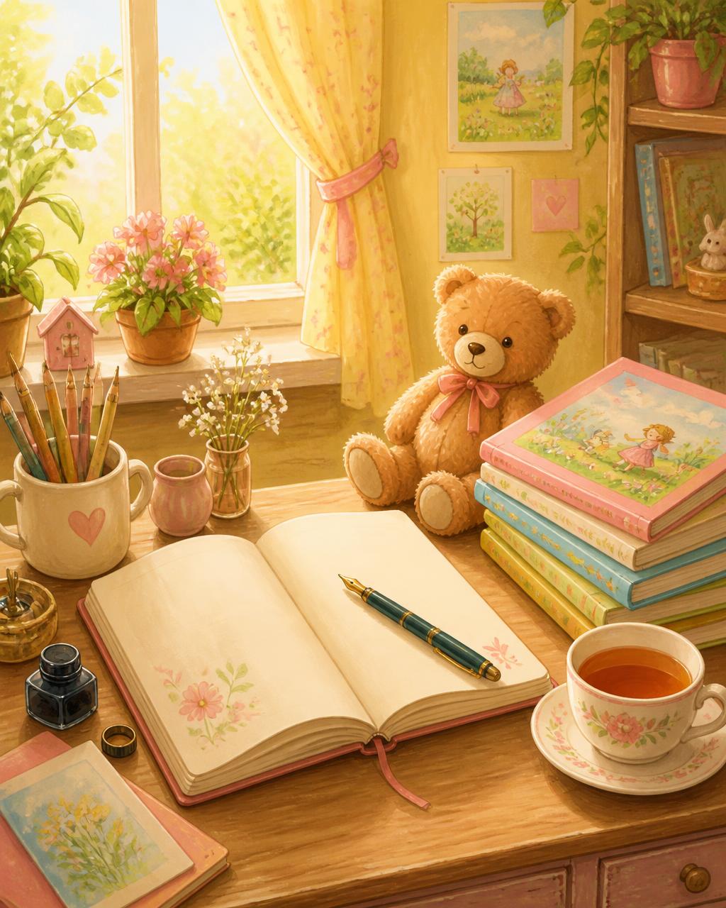 A writing desk with an open notebook, fountain pen, tea, and a stack of children's books