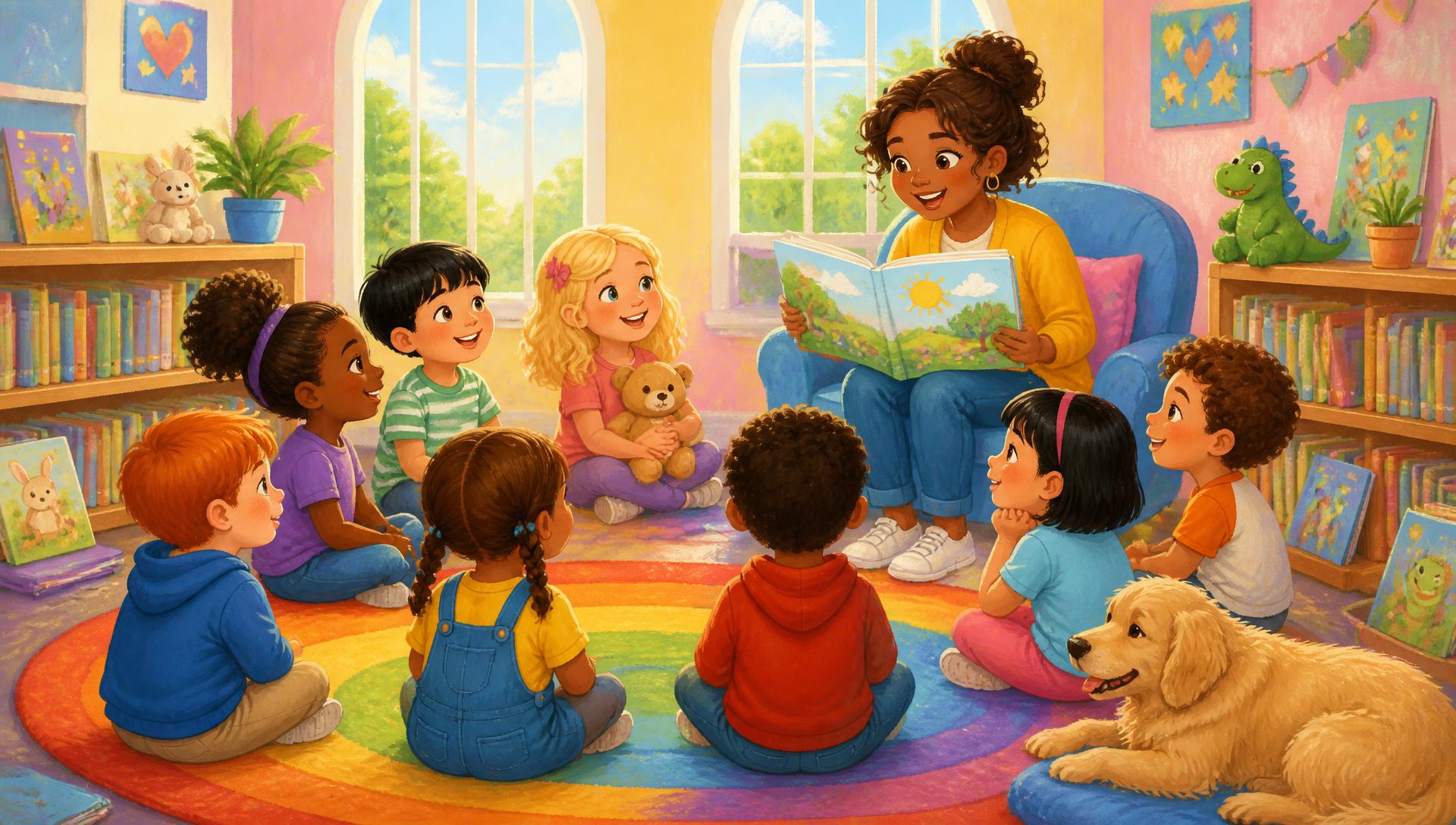 Children listening to a picture book during library story time